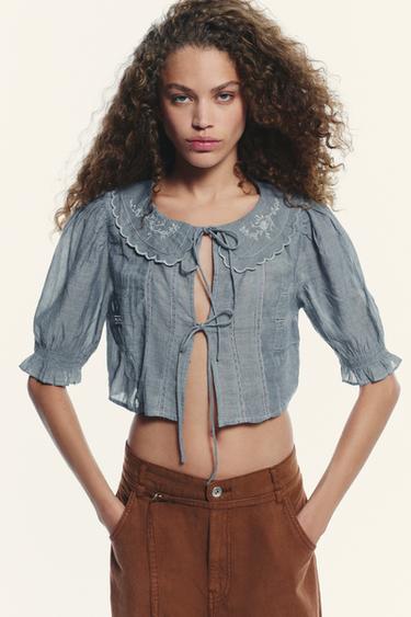 EMBROIDERED CROP SHIRT - Blue / Grey by Zara - Image 1