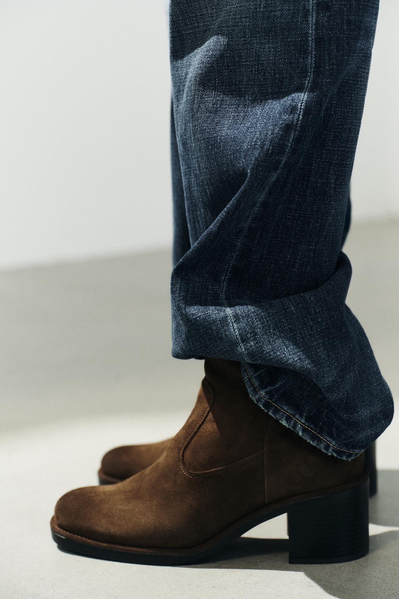 SUEDE BLOCK HEEL BOOTS — Brown