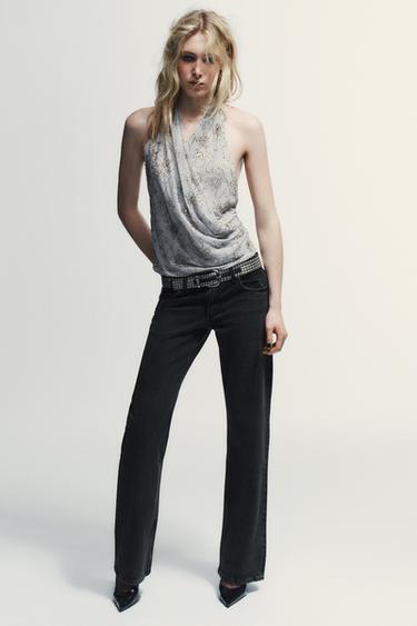 توب هالتر بتطريزات وخرز - أزرق / رمادي الخاص بـ Zara