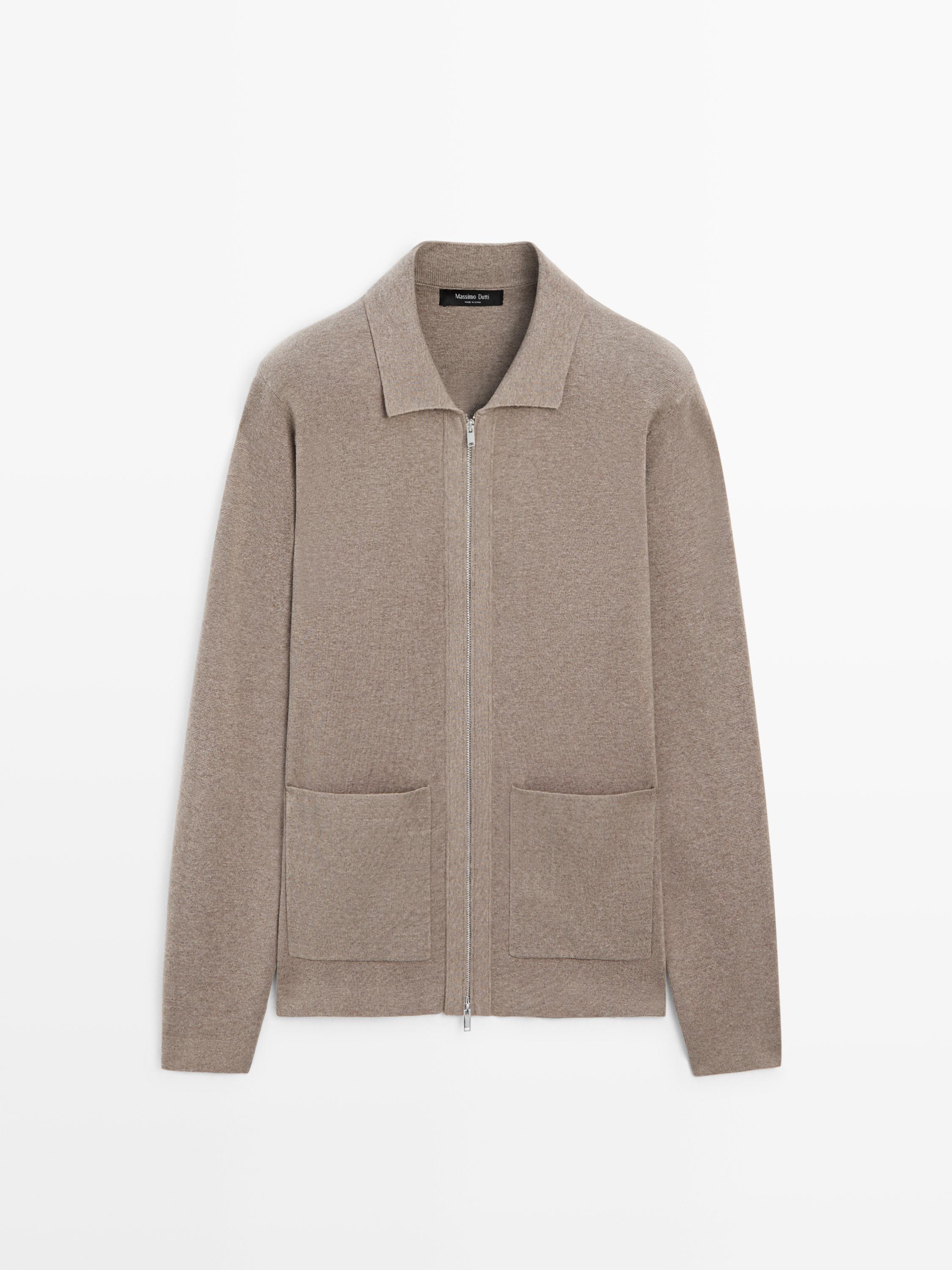 Zip-up knit cotton and wool blend cardigan with pockets
