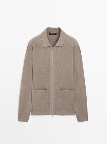 Cardigan zippé avec poches en coton et en laine - Vison de Zara