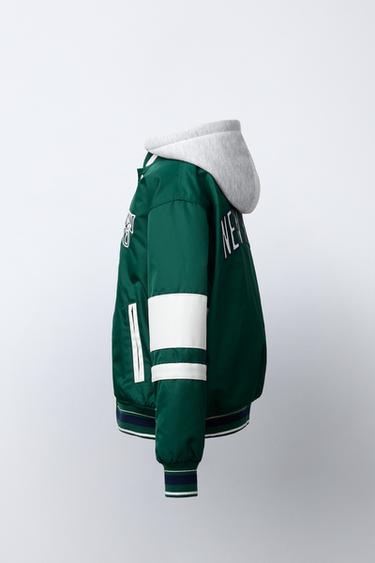 NYLON BOMBER JACKET WITH REMOVABLE HOODIE AND TEXT - Green by Zara - Image 3