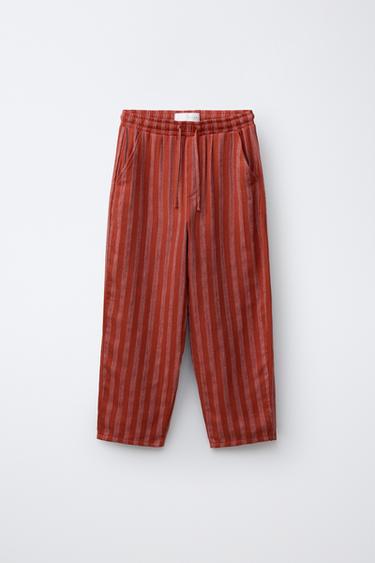 RUSTIC STRIPED LINEN BLEND TROUSERS - Dark red by Zara
