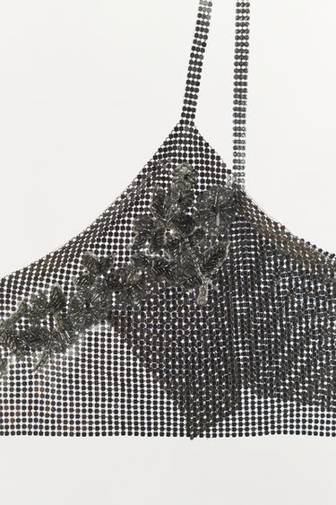BEADED MESH FLOWER TOP - Silver by Zara - Image 6