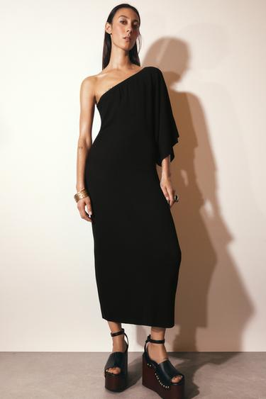 VESTIDO DE TRICÔ MIDI ASSIMÉTRICO - Preto da Zara