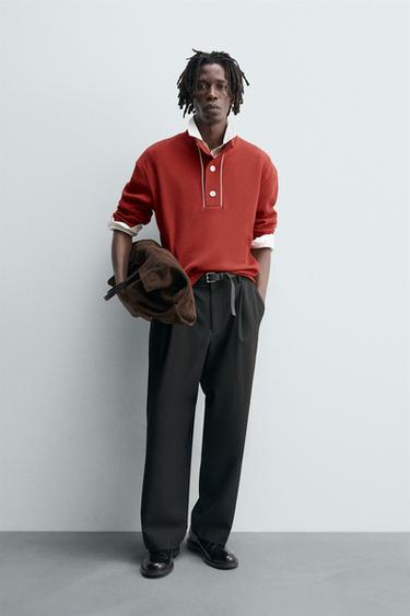 Zara CONTRAST TEXTURED POLO SHIRT - Red - Image 0
