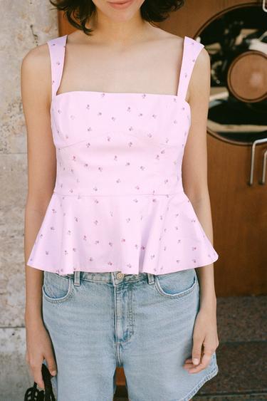 TOP BUSTIER RAYURES FLEURS - Rose de Zara - Image 1