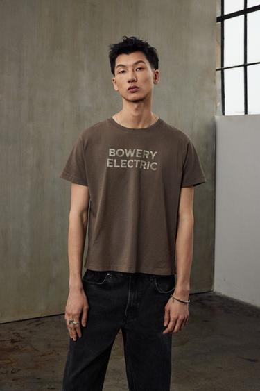 Zara BOXY FIT 洗水標語 T 恤 - 卡其色