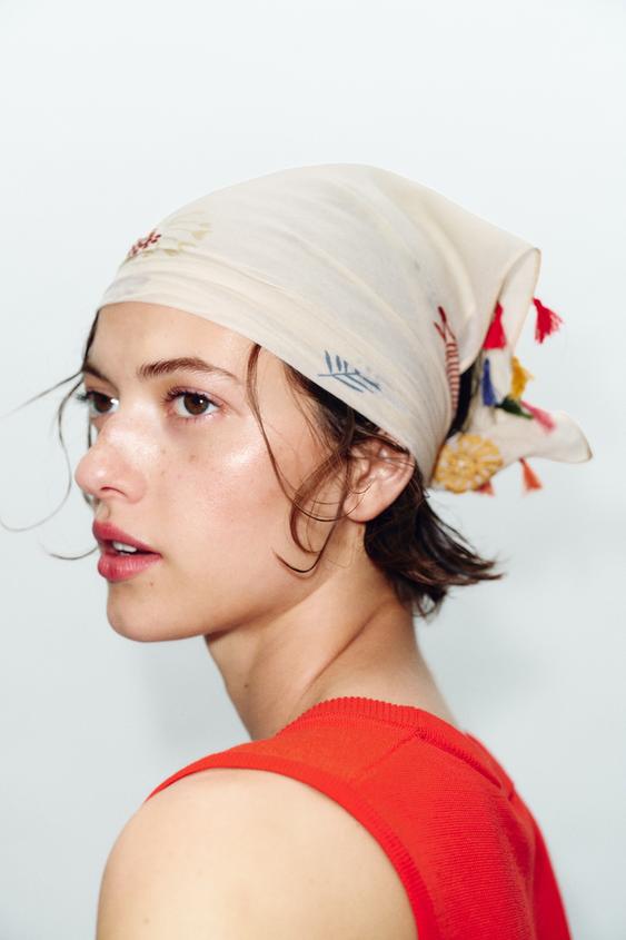FISH EMBROIDERY POMPOM SCARF from Zara - $25.90
