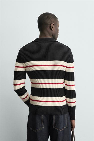 STRIPED JACQUARD KNIT POLO SHIRT - Black by Zara