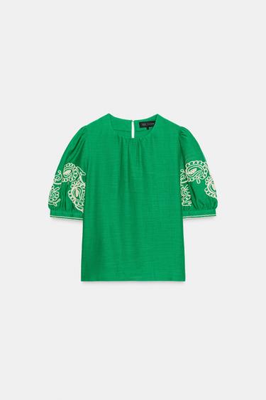 TOP BORDADO MEZCLA LINO ZW COLLECTION - Verde de Zara