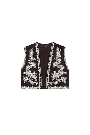 Zara EMBROIDERED OPEN VEST - Brown - Image 0