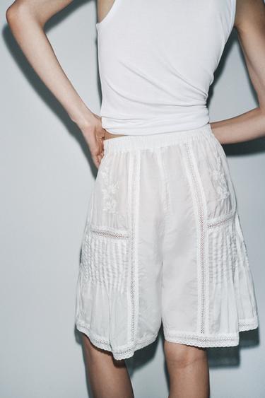 Zara EMBROIDERED LACE BERMUDA SHORTS LIMITED EDITION - Oyster-white