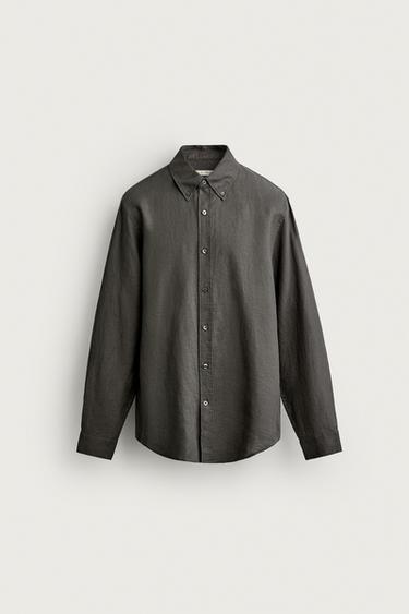 Zara REGULAR FIT 100% LINEN SHIRT - Dark khaki