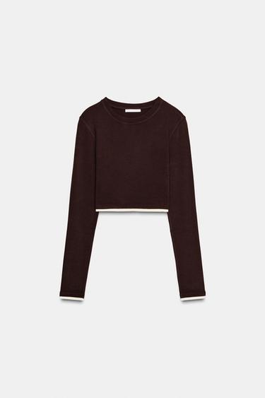 CAMISETA CORTA EFECTO DOBLE - Marrón de Zara