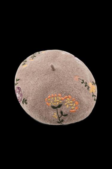 Zara 100% WOOL FLORAL EMBROIDERED BERET - taupe brown
