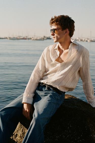 Camisa regular fit rayas 100% lino - Crudo de Zara