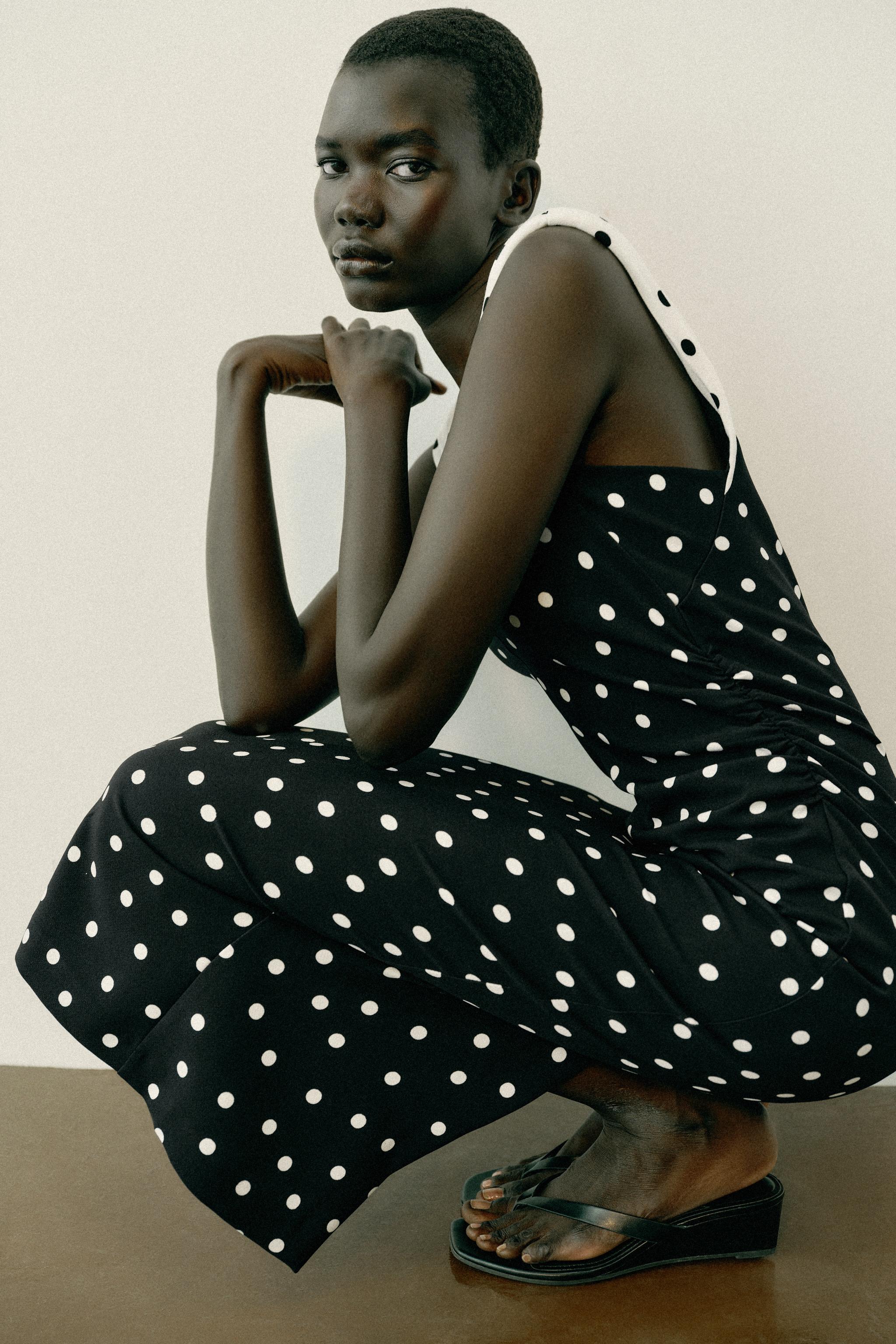 POLKA DOT MIDI DRESS WITH SHOULDER PADS