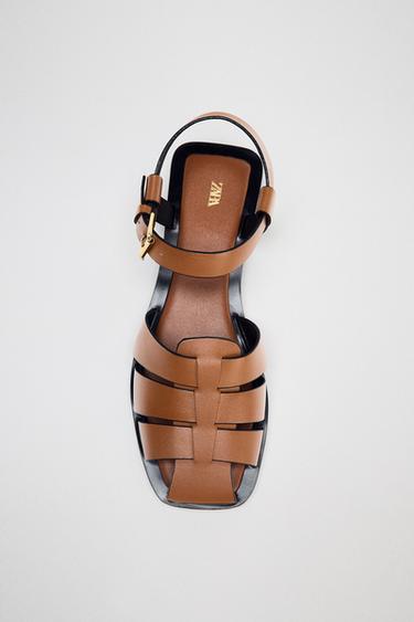 Zara FLAT LEATHER FISHERMAN SANDALS - Brown