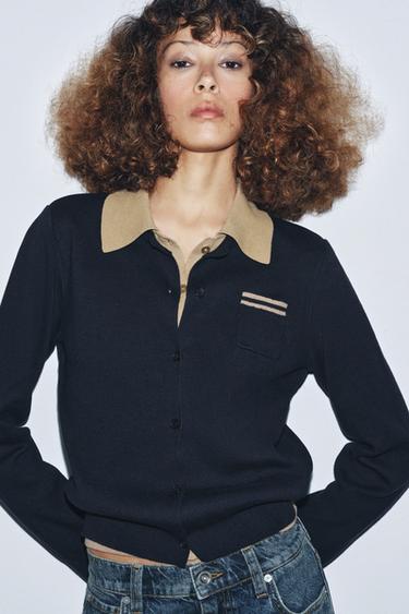 Zara CONTRAST DOUBLE LAYER KNIT POLO CARDIGAN - Navy blue