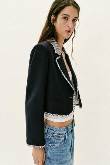 SHORT COMBINED GINGHAM BLAZER - Navy blue by Zara - Image 3