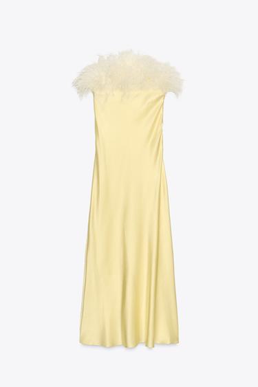 ROBE MIDI SATINÉE PLUMES - Vert de Zara - Image 2