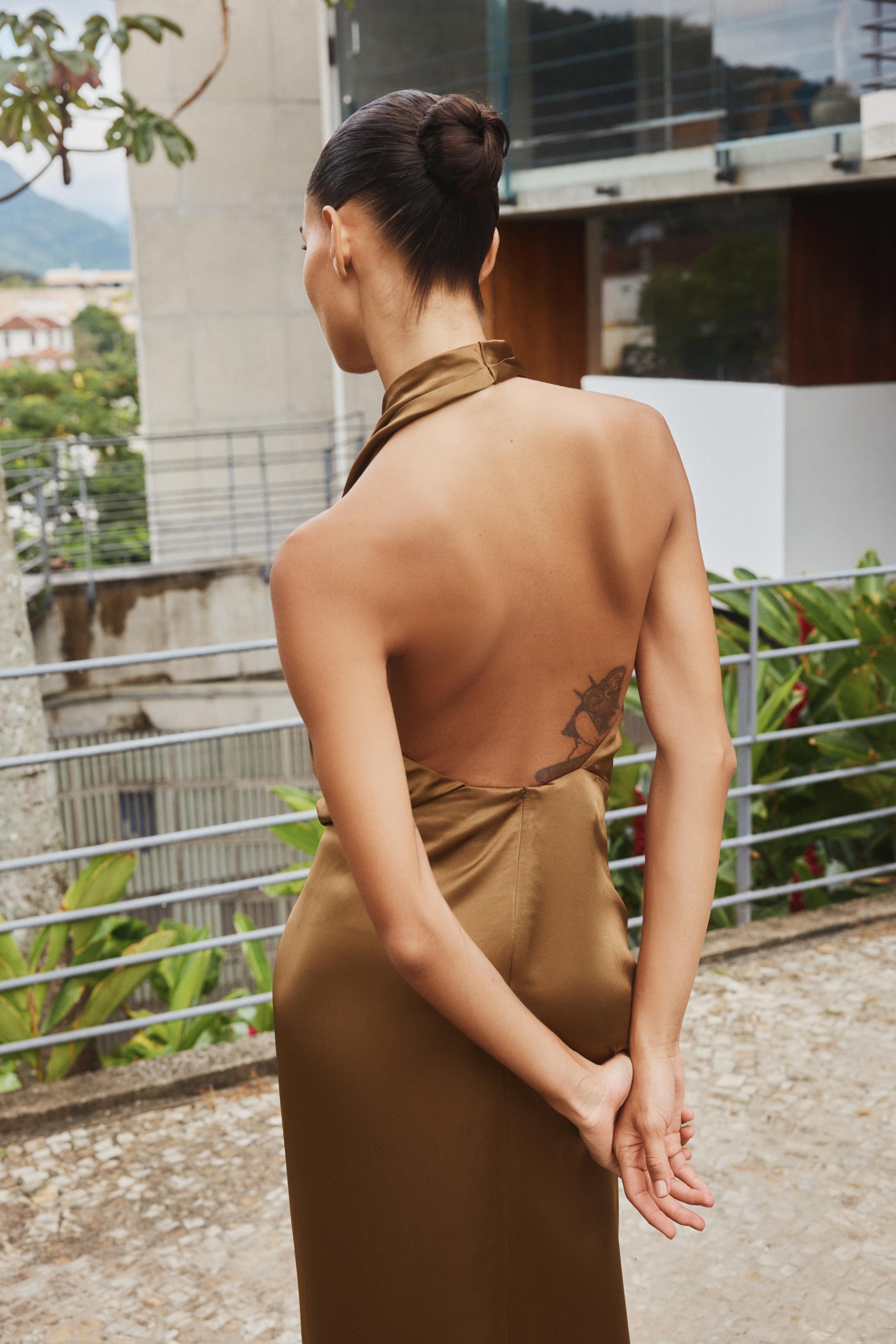 SATIN EFFECT HALTER MIDI DRESS