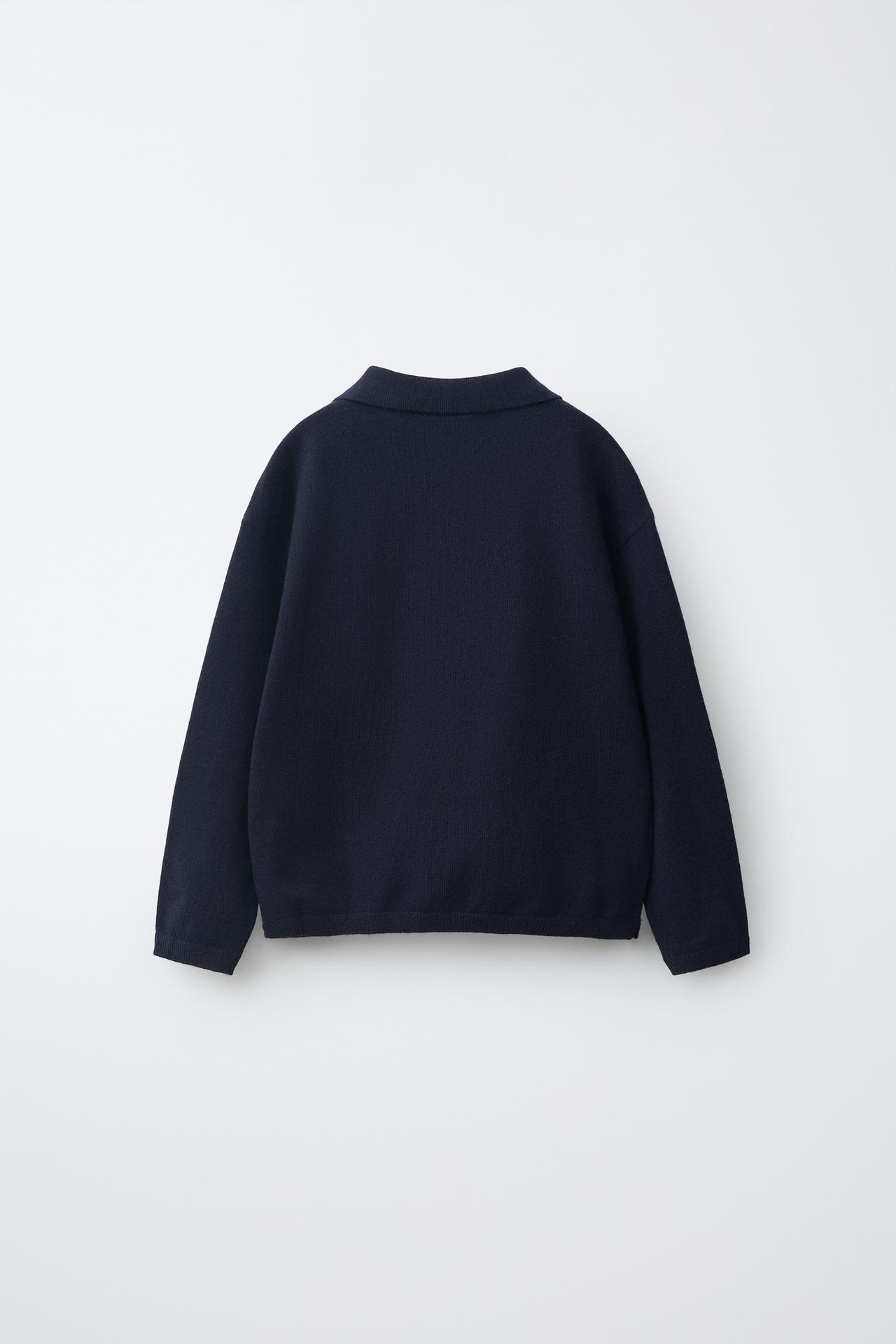 STRIPED KNIT POLO — Dark navy