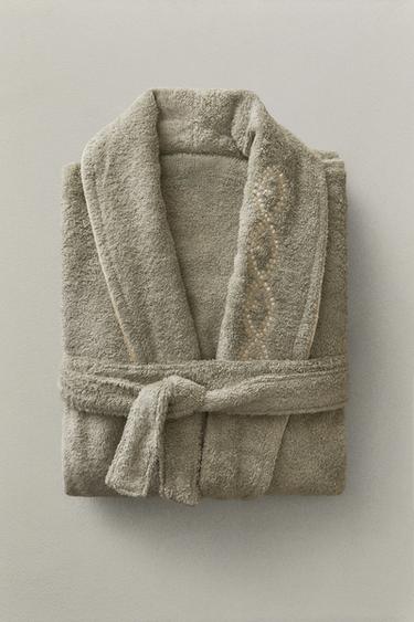 DRESSING GOWN WITH PLANT EMBROIDERY — Mid-green 1
