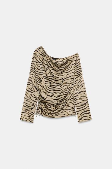 Zara ANIMAL PRINT ASYMMETRIC TOP - Light khaki