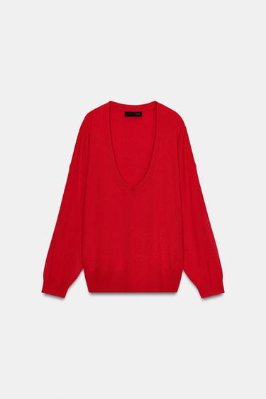 Zara DEEP V-NECK KNIT JUMPER - Red