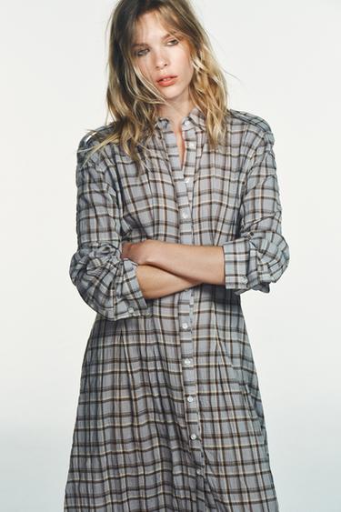 CHECK SHIRT DRESS - Brown-Blue by Zara - Image 2