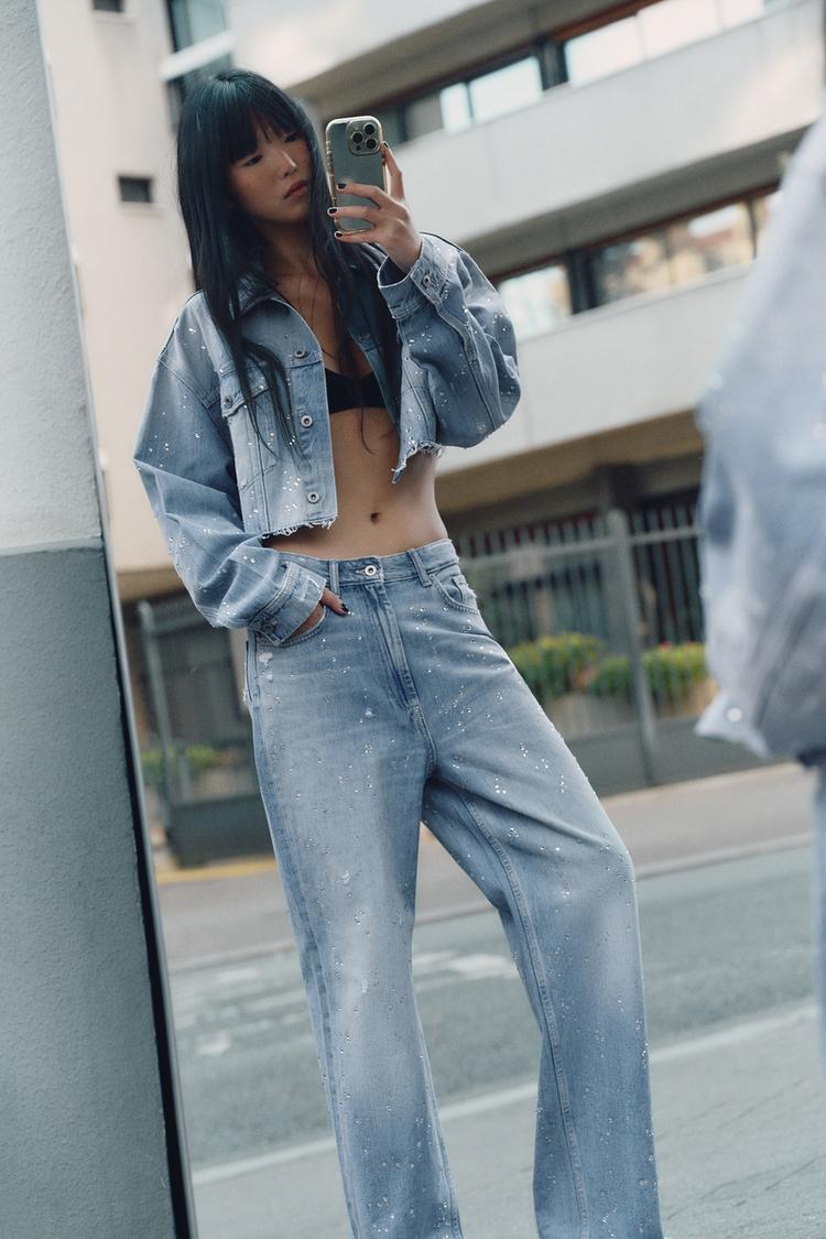 TRF STRAIGHT-LEG RHINESTONE HIGH-WAIST JEANS Blue ZARA United