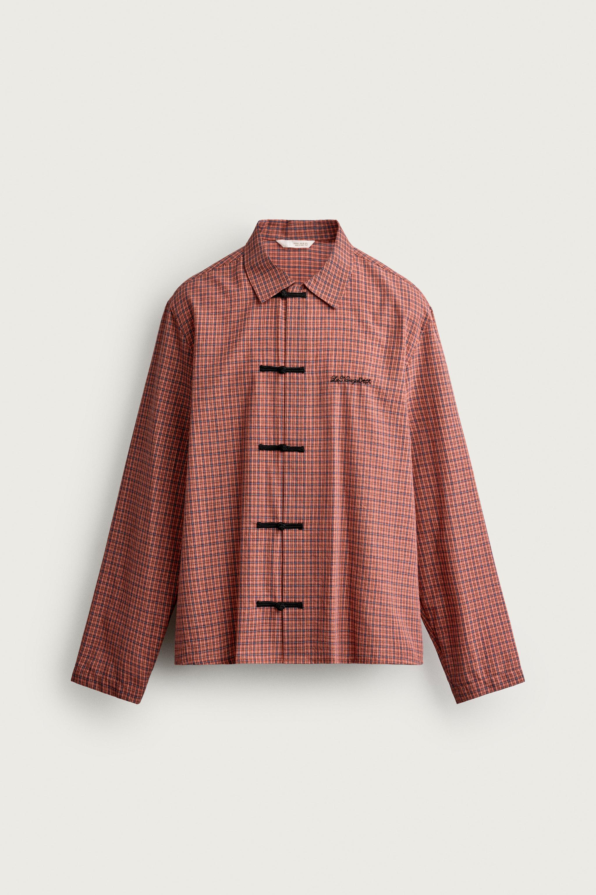 CHECKED FROG FASTENING SHIRT — Red