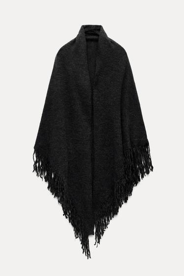 Zara FRINGED KNIT SHAWL CAPE - Anthracite Gray