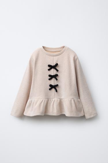 SOFT TOUCH T-SHIRT WITH CONTRAST BOWS - Sand by Zara - Image 0