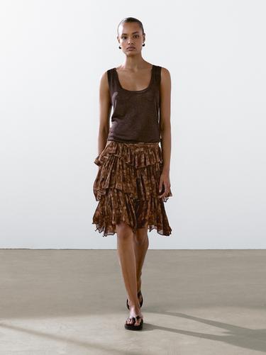 Jupe midi à volants et fleurs - Chocolat de Zara