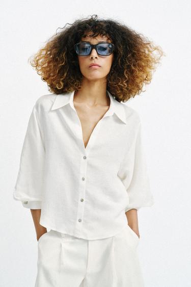 CAMISA MANGA ABALONADA COM LINHO - Branco da Zara