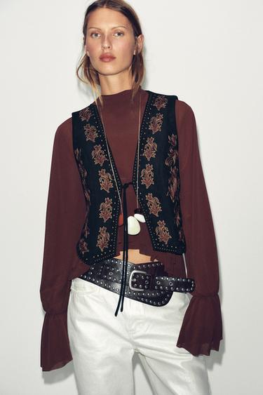 FAUX SUEDE WAISTCOAT WITH BEADED EMBROIDERY - Black by Zara
