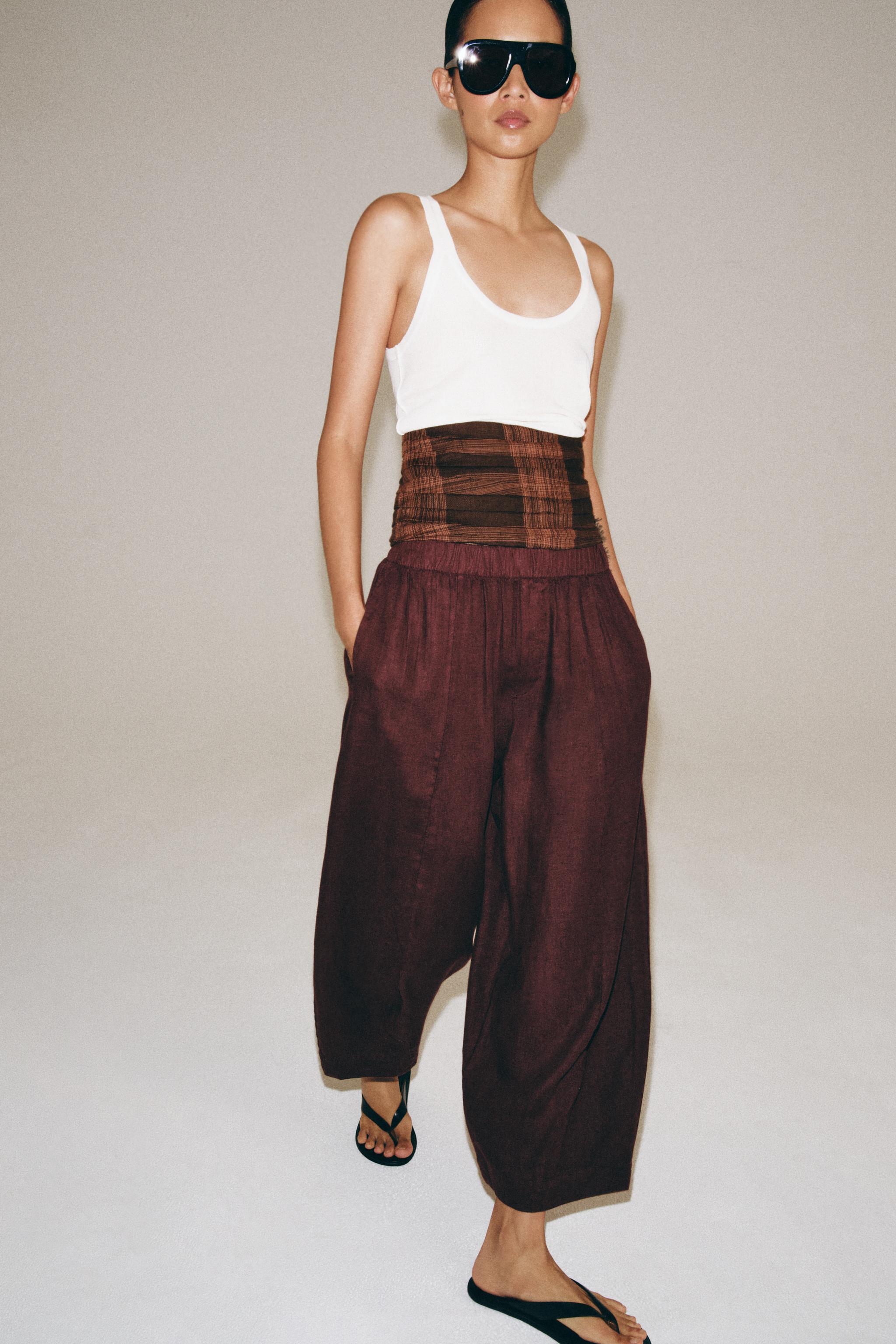 Zara %100 KETEN ZW COLLECTION BARREL PANTOLON görsel 6