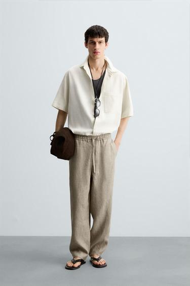 100% STRIPED LINEN TROUSERS - Sand by Zara