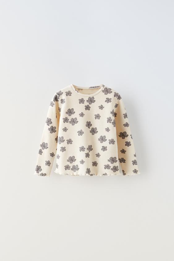 WAFFLE-KNIT FLORAL T-SHIRT - Ecru | ZARA Australia