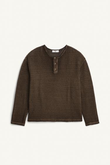 KNIT HENLEY CROCHET T-SHIRT - Brown by Zara