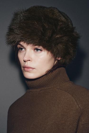 Zara FAUX FUR CUFFED HAT - Brown