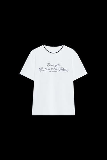 CAMISETA TEXTO CUELLO TRICOT - Azul / Blanco de Zara - Imagen 0