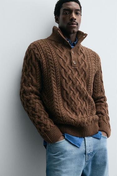 CABLE-KNIT BUTTON-UP JUMPER - Chocolate by Zara - Image 4