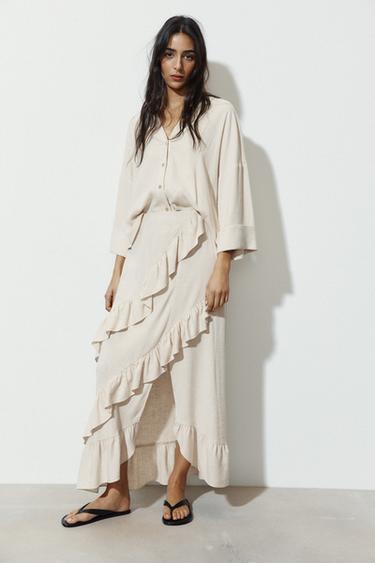 Zara RUSTIC RUFFLED MIDI SKIRT - Light beige