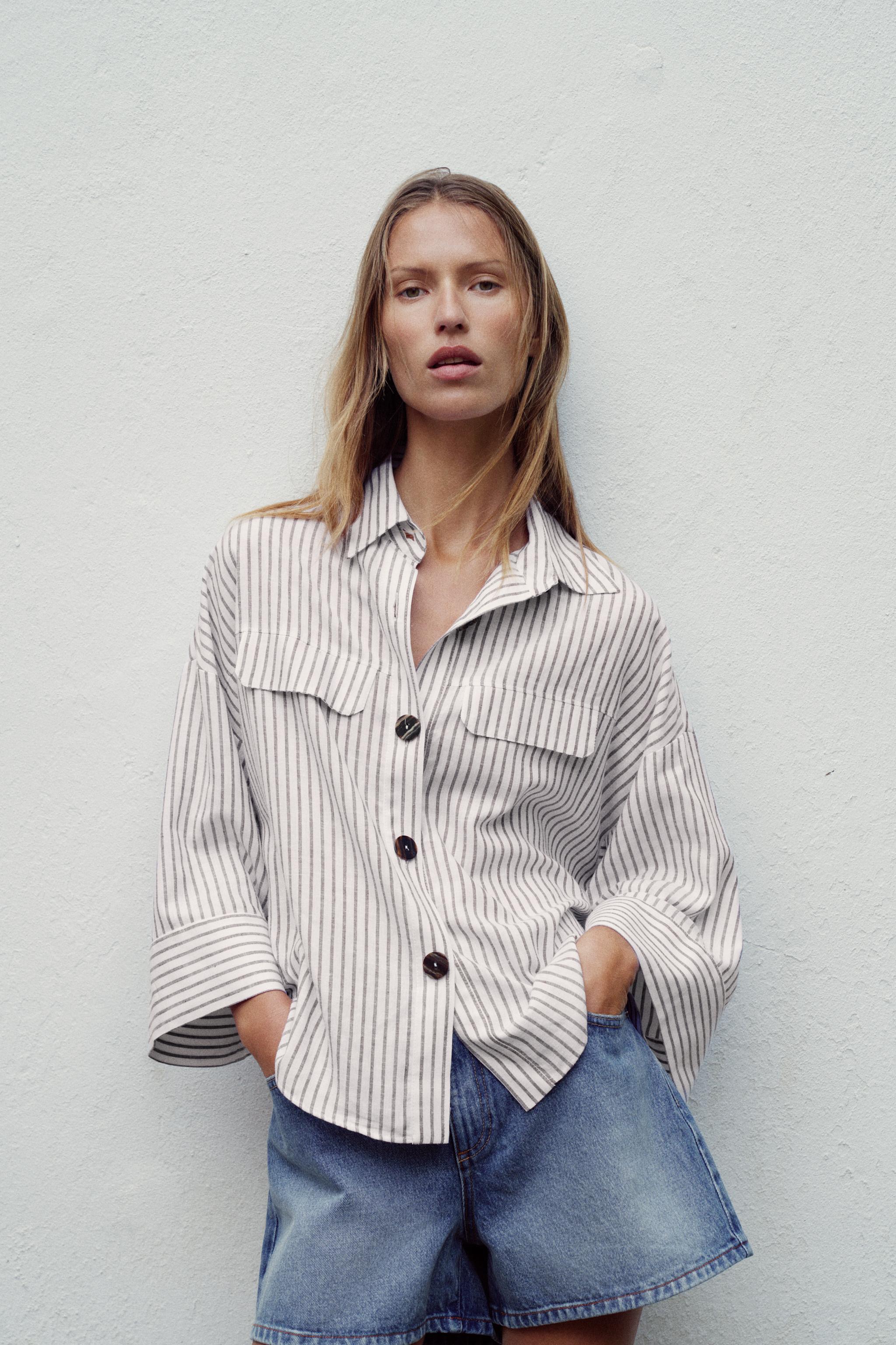 Zara KETEN KARIŞIMLI ÇİZGİLİ GÖMLEK görsel 2