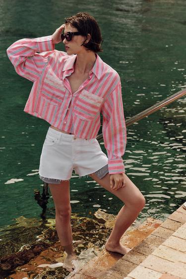 KURZE GESTREIFTE BLUSE MIT SPITZE - Rosa von Zara