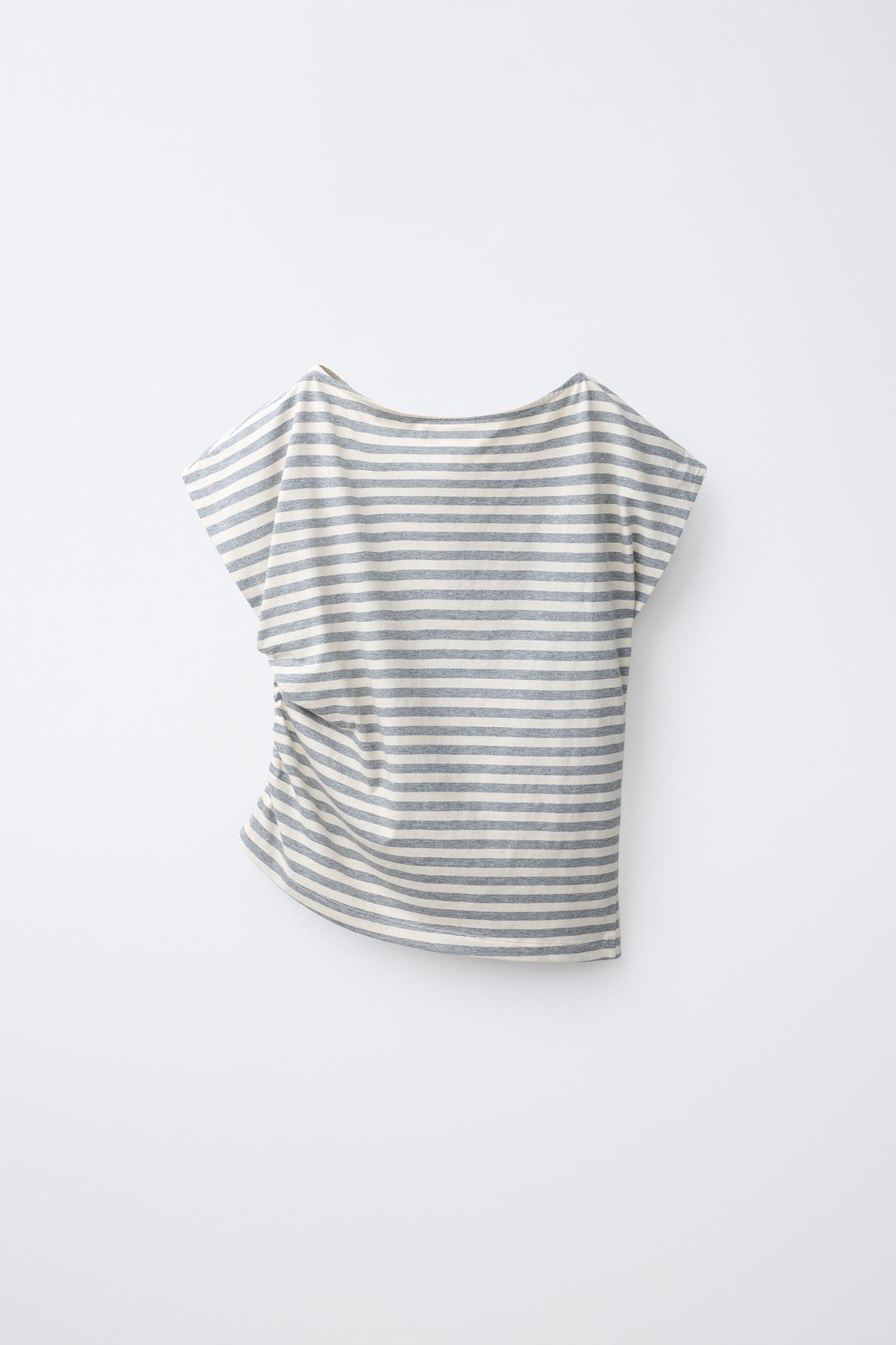 STRIPED RUCHED TEXT T-SHIRT — Striped